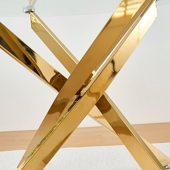 47.24" Round Glass Dining Table Modern Kitchen Glass Top Table for 6 with Gold Chrome Metal Legs, Clear Dining Table Kitchen Table for Home Office Dining Room