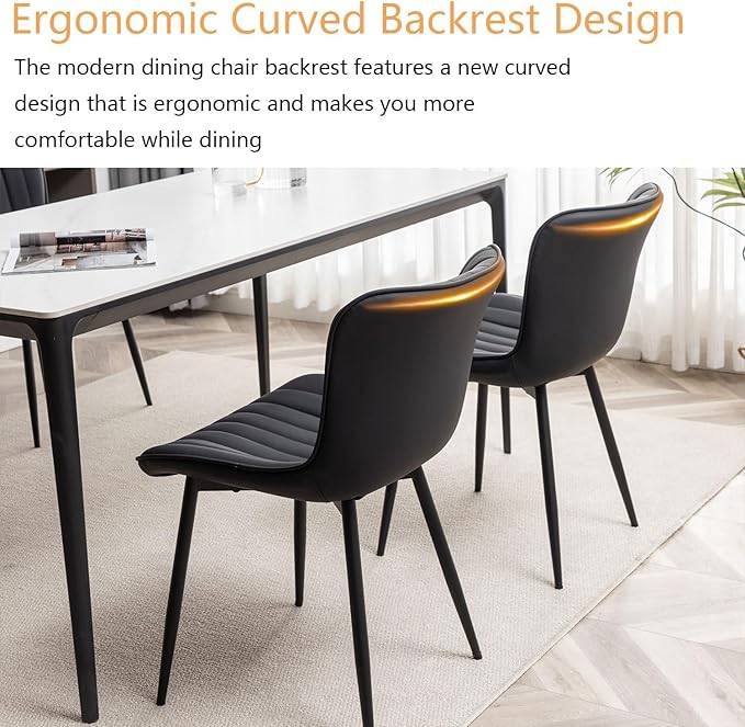 Leather Dining Chairs Set of 6, Upholstered Dining Room Chairs with Metal Legs, Modern Dining Chair for Dining Room, Kitchen (Black)