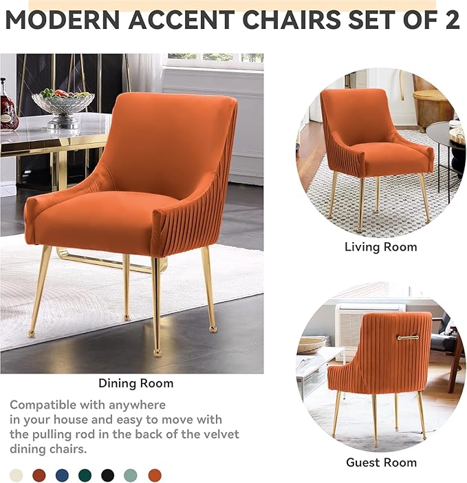 Dining Chairs, Accent Chairs Set of 4, Modern Upholstered Kitchen Dining Room Chairs with Gold Legs, Fabric Tufted Velvet Living Room Chairs for Reception Room Bedroom Guest Room (Orange)