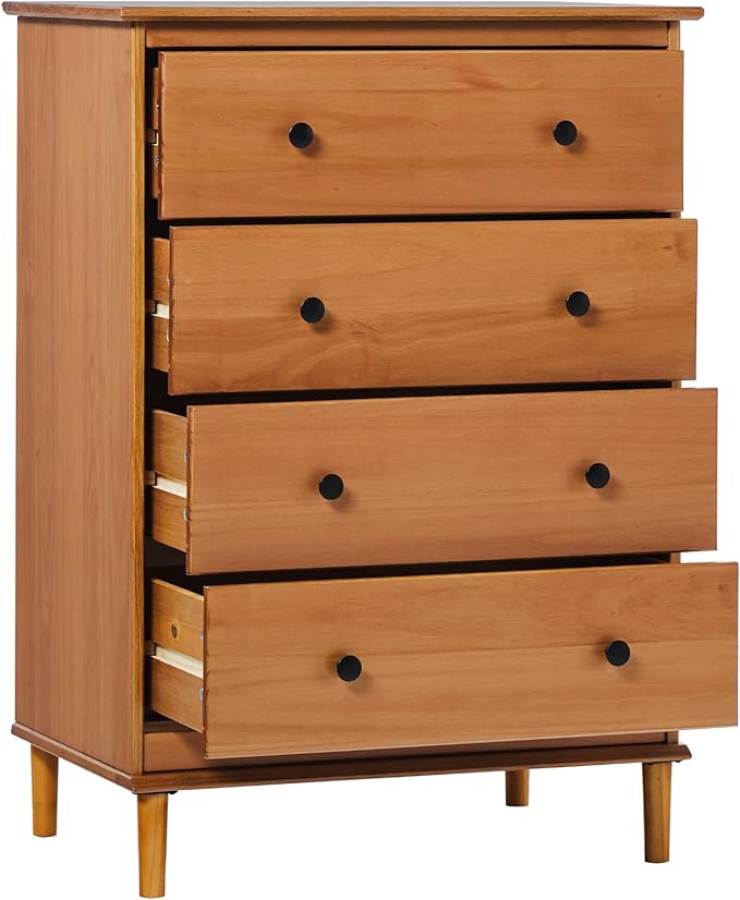Walker Edison Modern Tall 4-Drawer Solid Wood Dresser Bedroom Storage Drawer Organizer Closet Hallway, 40 Inch, Caramel