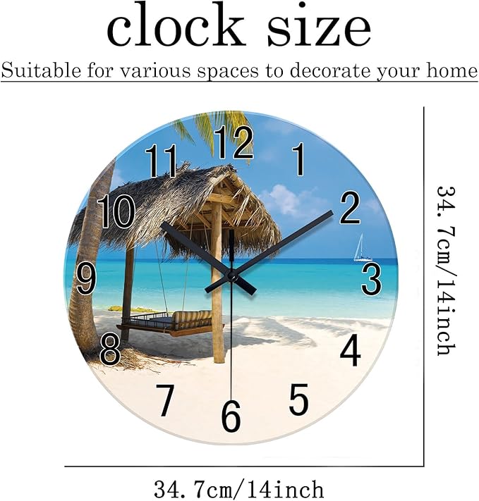 XFM Beach Wall Clock 14 Inch Blue Glass Wall Clocks Battery Operated Silent Non Ticking Hawaii Summer Tropical Coastal Clock for Bedroom Living Room Office