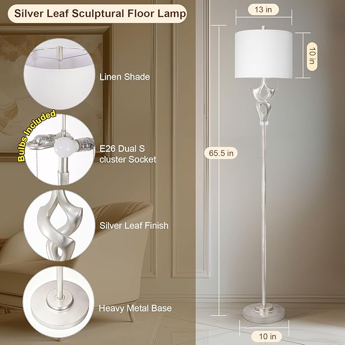 Scenekoy Sculptural 65.5” Floor Lamp for Living Room Bedroom, Silver Leaf Finish & Resin Body, Pull Chains Switch Standing Lamp, Brightness Adjustable Corner Lamp with Bulb Prefer for Home Office Bar