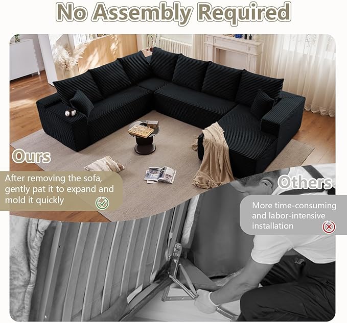 Sectional Cloud Couch with L-Shape Chaise, Modern Modular Comfy Sofa with Deep Seat, Upholstered Corduroy Couches Stupendous U Shaped Sofas for Living Room Bedroom, No Assembly Required, Black