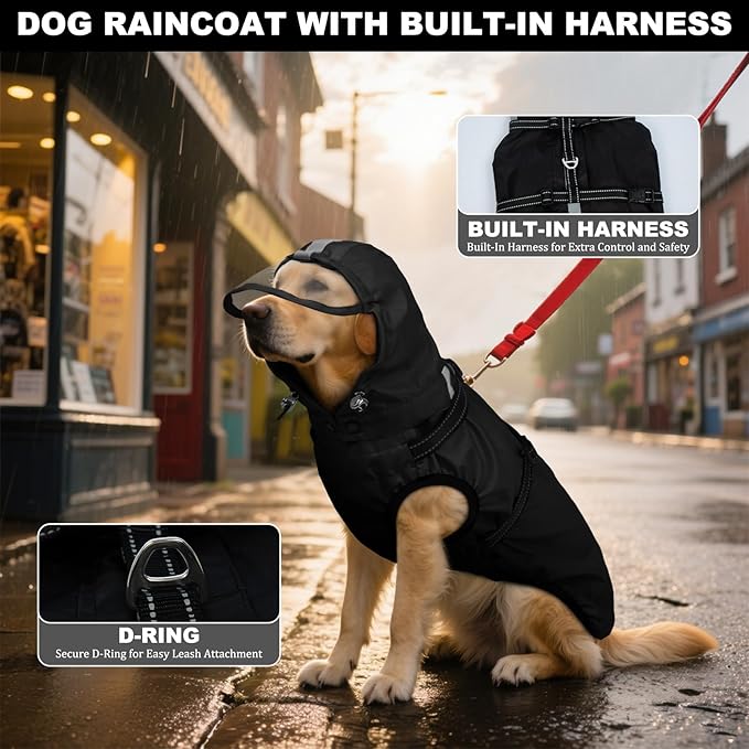 Dog Raincoat XXL, Waterproof Dog Raincoats For Large Dogs with Adjustable Built-in Harness & Back Zipper,Reflective Strip,Removable Hood,for Rainy Walks, Muddy Roads or After-Bath Outings-Black