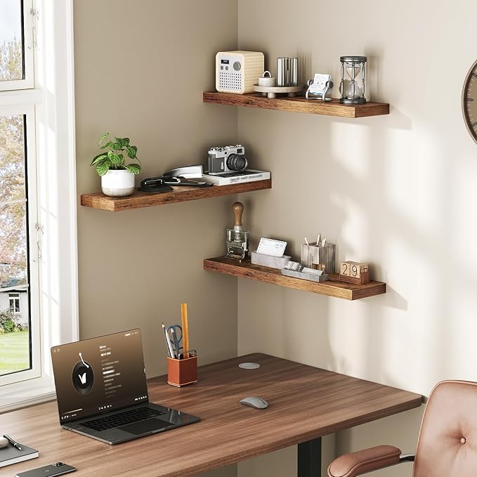 Floating Shelves for Wall, 1.5" Thick Wall Shelf Set of 3 with Invisible Brackets, 23.6L x 7.9W Hanging Shelves Farmhouse Home Decor for Bathroom, Living Room, Bedroom, Rustic Brown 6301BJP3BF