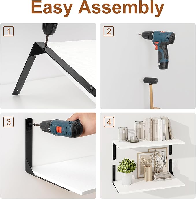 16" W x 12" D White Floating Shelves for Wall, 12 Inch Deep Floating Shelf with Visible Bracket, Rustic Wood Bookshelf Wall Mounted, Deep Bathroom Shelves for Storage, Set of 2