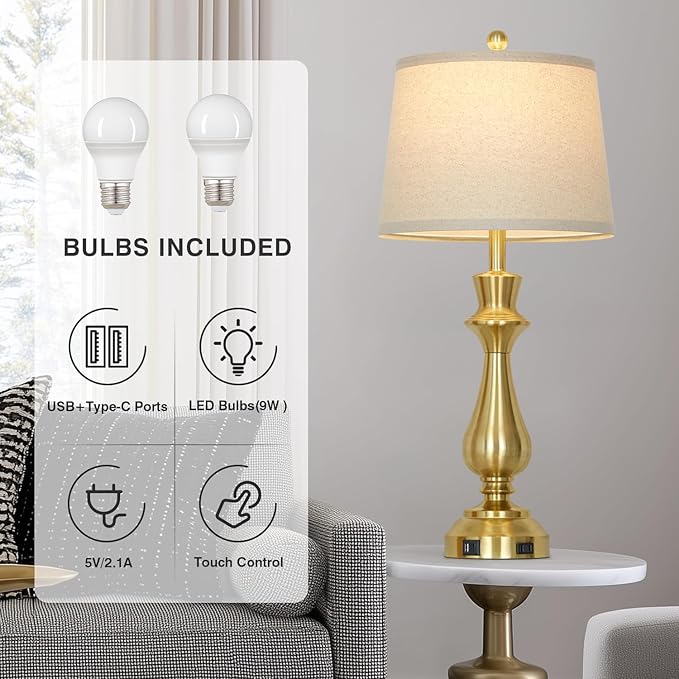 Modern Gold Table Lamp for Living Room,30" Tall Bedside Lamp with USB Charging Port,3-Way Dimmable Touch Nightstand Lamp for Bedroom Desk Side Table Office,Gold-1P