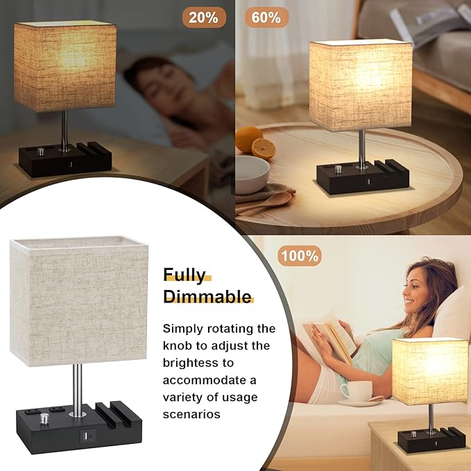 Kakanuo Table Lamp for Bedroom with Dual USB Ports, Beige Fully Dimmable Bedside Lamp with Phone Stands and 2 Charging Outlets, Desk Lamp for Nightstand and Living Room, LED Bulb Included