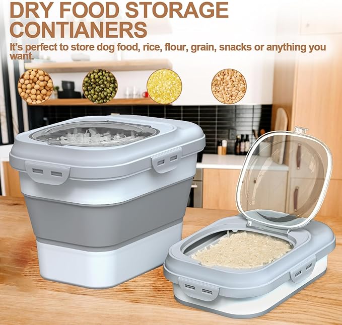 Dog Food Storage Container Small, 10-13lbs Collapsible Dog Cat Food Containers with Airtight Clear Flip-top and Pet Food Scoop, Pet Food Storage Container Bin for Dog Cat Bird Other Pets Grey