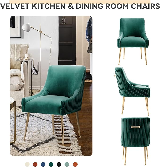Dining Chairs, Accent Chairs Set of 6, Modern Upholstered Kitchen Dining Room Chairs with Gold Legs, Fabric Tufted Velvet Living Room Chairs for Reception Room Bedroom Guest Room (Deep Green)