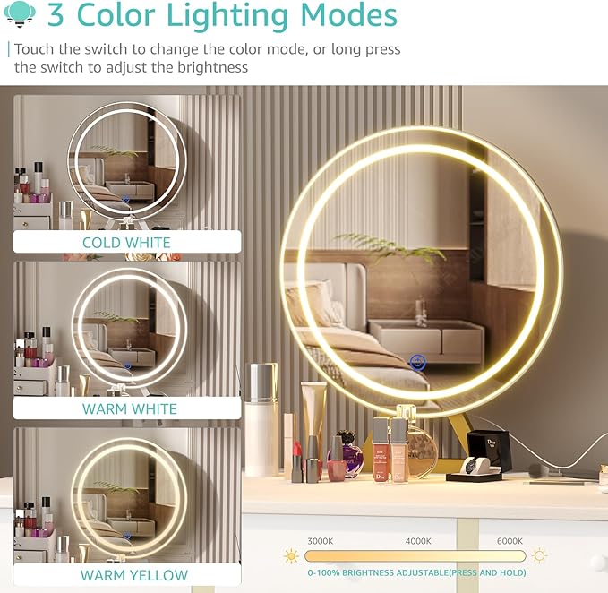 Lufeiya White Makeup Vanity Desk with Mirror and Lights, 40 inch Make Up Vanity Desks with Fabric Drawers & Charging Station, Dressing Table and Chair Set for Bedroom Girls, White Gold