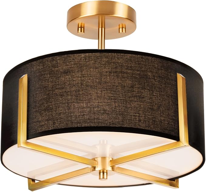 3-Light Semi Flush Mount Ceiling Light Fixture, 13.7" Gold Drum Light with Black Fabric Shade, Modern Close to Ceiling Lamp for Living Room Bedroom Dining Room Kitchen Hallway Entry Foyer