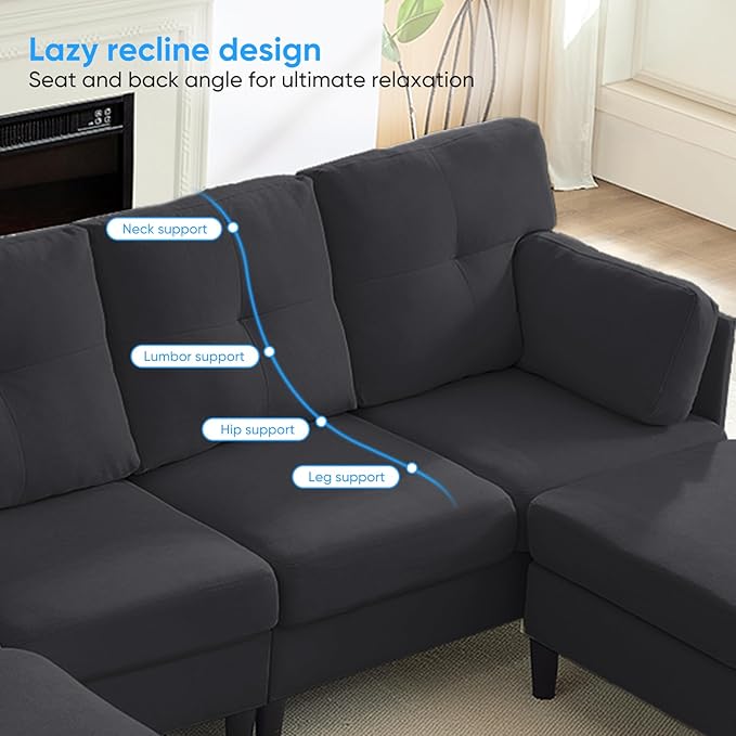 PUREMIND Sectional Couches for Living Room, Modern Snow Velvet U-Shaped Sofa Couch with Double Chaise, Upholstered 4 Seater Home Sofa for Living Room, Apartment, Office, Dark Grey