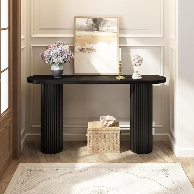 55" Fluted Console Table with Solid Wood Legs, Long Farmhouse Entryway Table with Rounded Corners, Morden Sofa Tables Behind Couch for Foyer, Entrance, Living Room, Hallway