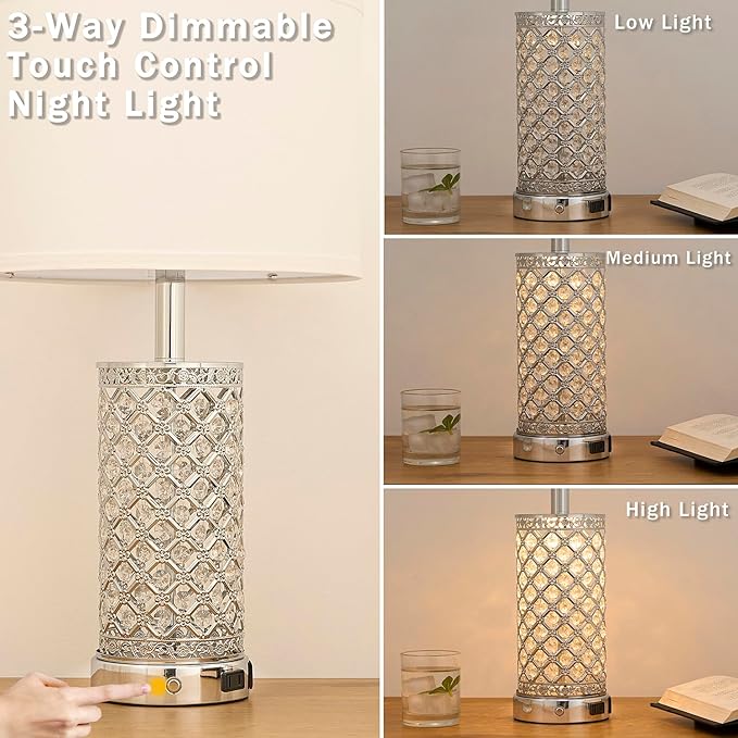 Modern Crystal Table Lamp - 24in Silver Bedroom Lamps 3-Way Dimmable Touch Lamp with Night Light, 2 USB Ports + AC Outlet, Bedside Night Stand Lamp for Living Room Office (Silver- 1 Pack 24In)