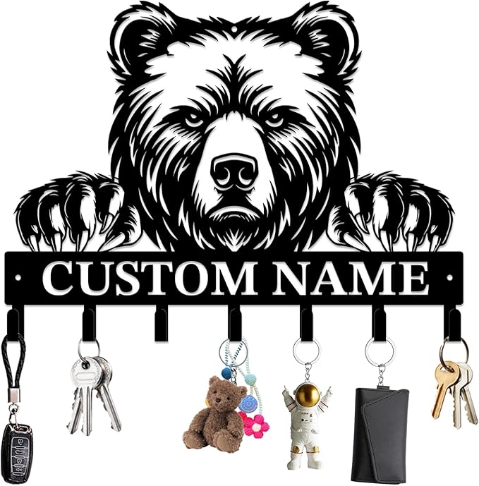 Personalized Custom Name Bear Key Wall Hooks,Metal Bear Keys Clothes Hooks,Metal Bear Wall Home Storage Decorative,For Front Door, Hallway, Kitchen, Bedroom,Keys,Hats (Style B)