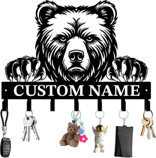 Personalized Custom Name Bear Key Wall Hooks,Metal Bear Keys Clothes Hooks,Metal Bear Wall Home Storage Decorative,For Front Door, Hallway, Kitchen, Bedroom,Keys,Hats (Style B)