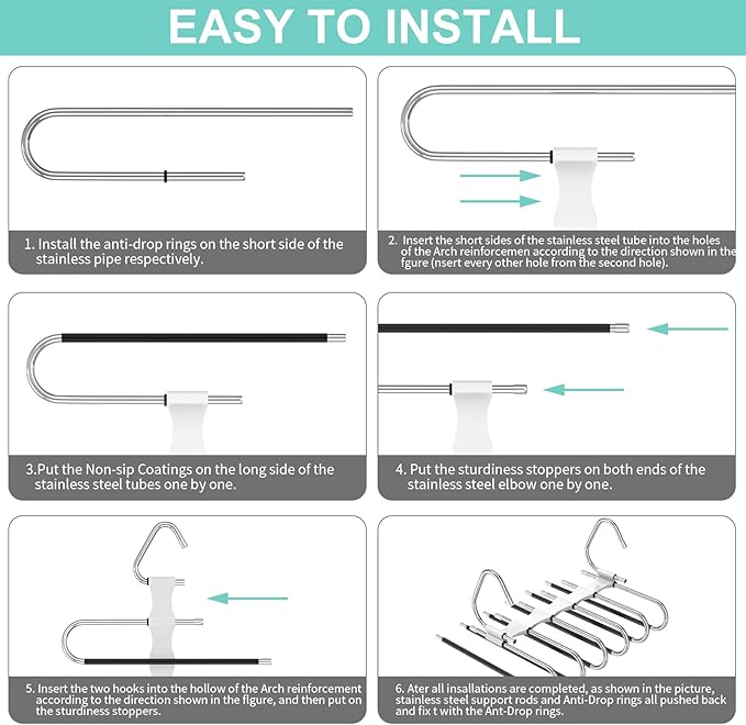 Upgrade 6 Layers Pants Hangers Space Saving, 2 Pack Stainless Steel Multifunctional Rack Non Slip S-Type Pant Closet Organizer Saver for Leggings Jeans Trousers Scarf, Black