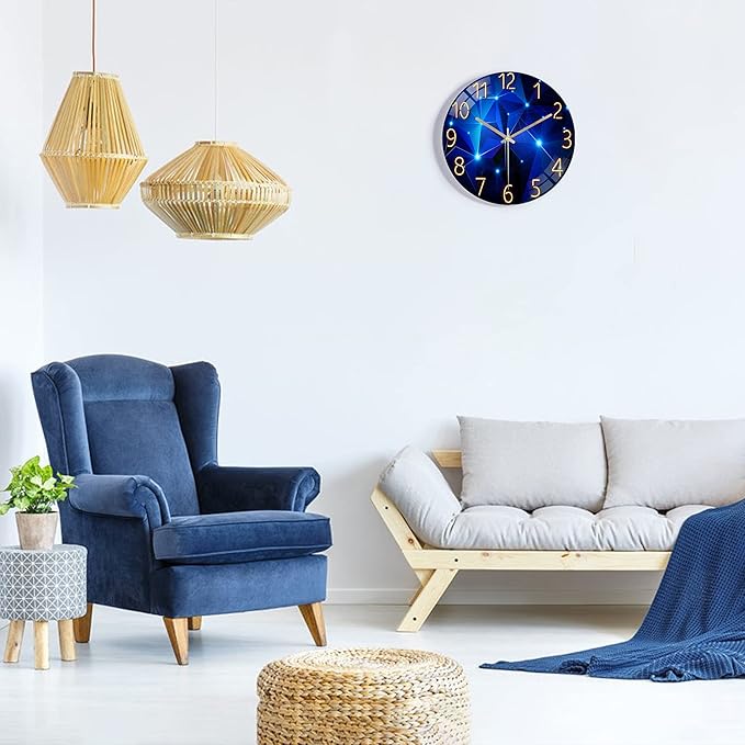 Lafocuse 12 Inch Silent Blue Wall Clocks Battery Operated for Bedroom, Blue Glass Wall Clock for Living Room Kitchen Decor