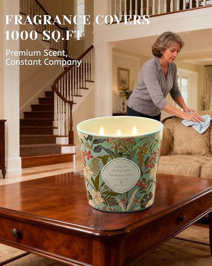 M&SENSE Eucalyptus Mint Scented Candle, 28.2oz 3 Wick Natural Soy Wax Large Candles, Long Lasting Clean Slow Burning No Toxic Décor for Home Relaxation, Romantic Dates Gift-Giving