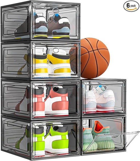 7 code Thicken & Sturdy Clear Shoe Storage Organizer with Magnetic Door, Stackable Boxes for Closet, Foldable Shoe Rack for Sneaker Boot Container, Plastic Shoe Cabinet Shoe Box 6 Pack, Black