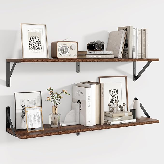 Axeman 32 Inch Floating Shelves | 8 Inch Deep Walnut Wall Shelves Set of 2 | 31.5W x 8D Rustic Wood Shelves for Bookshelf Living Room Bedroom Home Office Bathroom