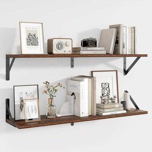 Axeman 32 Inch Floating Shelves | 8 Inch Deep Walnut Wall Shelves Set of 2 | 31.5W x 8D Rustic Wood Shelves for Bookshelf Living Room Bedroom Home Office Bathroom