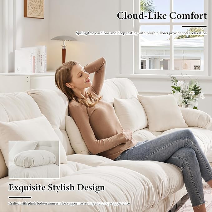 173.2" Oversized Couch, 4 Seater Modular Sectional Sofa, White Sectional Fluffy Couch Set, Chenille Cloud Couch with 6 Pillows, Deep Seat Sofas for Living Room