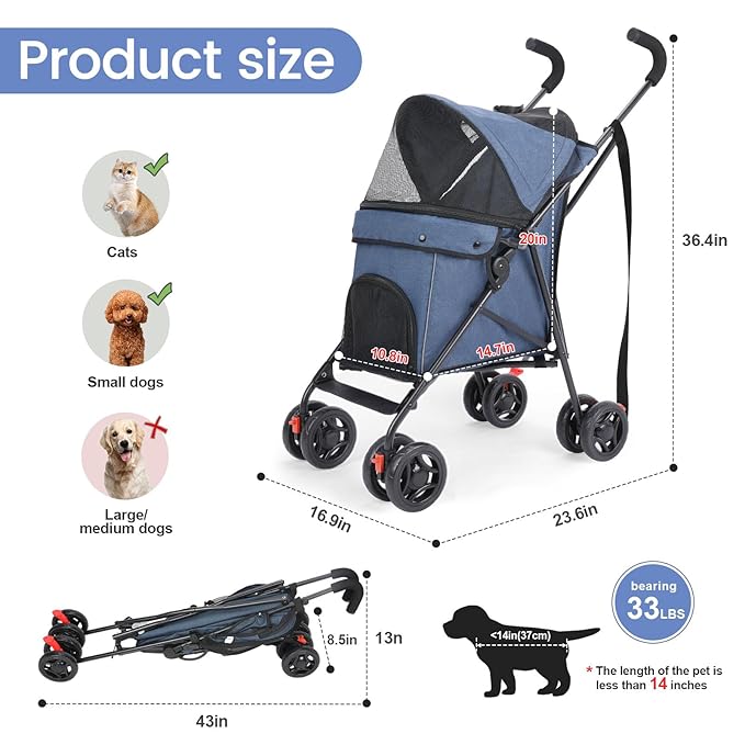 Pet Stroller for Small Dogs Medium Dogs 33lbs, Dog Pram Ultra Light - only 3.5 kg, Dog Stroller Pet Pram with 4 Wheel Foldable/Storage Basket/Cup Holder-P07 (Navy)