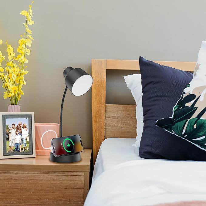 Energetic LED Desk Lamp with Phone Holder, Table Lamp with AC Outlet, Adjustable Flexible Gooseneck, 4000K, Eye-Care Reading Light for Bedroom, Study, Computer Desk, Living Room, Home Office, Black