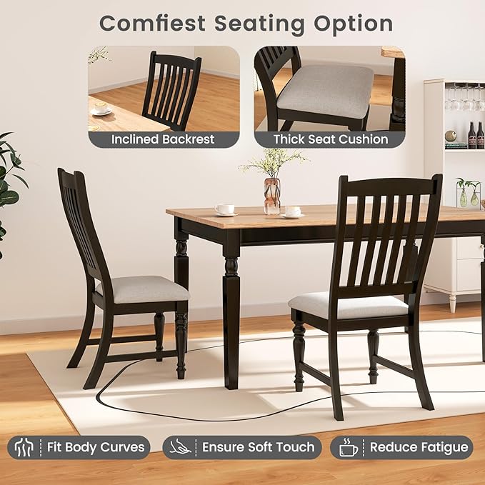 Giantex Wood Dining Chairs Set of 2, Farmhouse Black Kitchen Chair with Solid Wood Frame, Max Load 355 Lbs, Armless Upholstered Dining Side Chairs with Cushion Seat, Slat Back Dining Room Chairs