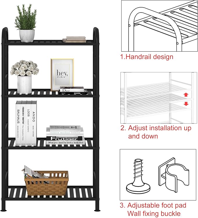 JSB 4-Tier Adjustable Shelving Unit, Heavy Duty Storage Rack Organizer Metal Corner Shelf for Kitchen Living Room Laundry Pantry Bathroom (Black, 4 Tier)…