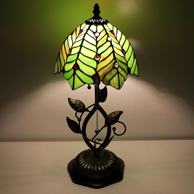 Small Tiffany Lamp Brown Green Coconut Leaves Style Stained Glass Table Lamps Desk Bedside Reading Light 8X8X18 Inches with Bronze Metal Leaf Resin Base
