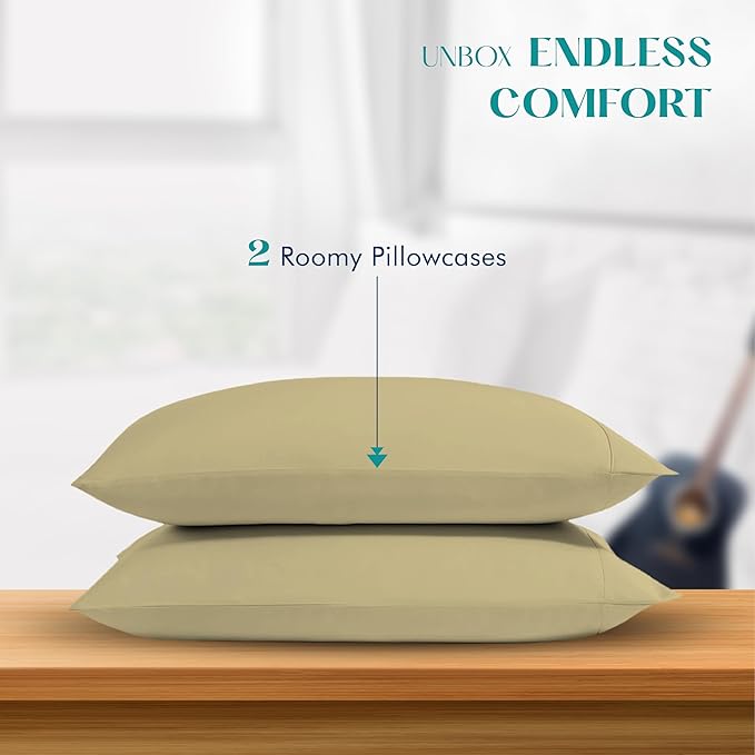 XOOX Linen 100% Egyptian Cotton Pillow Cases King Size Set of 2 - Luxury 1200 Thread Count Sateen Beige Pillow Covers, Soft & Breathable 5 Star Hotel-Quality Pillowcases, Fits King Size Pillows
