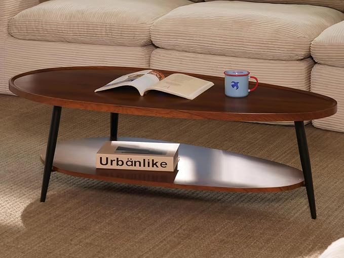Shrine Oval Coffee Table, Mid-Century Modern Coffee Table, Brown Walnut Wood Table for Living Room, D47''x W23.6''x H15'', Sleek Conical Metal Legs with Black Finish