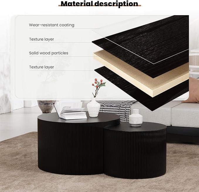 Round Nesting Coffee Table Set 2 Piece, Modern DrumStackable Side Table for Living Room/Bedroom Small, Space-Saving Accent Furniture with Scratch-Resistant Design (A Black 27.56 in)
