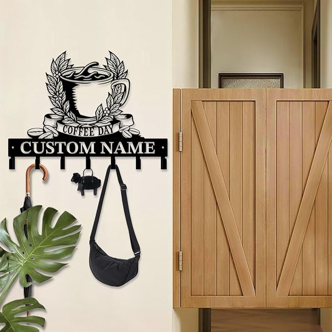 Coffee Bar Keys Holder - Metal Iron Wall Hooks with Custom Name | Personalized Home Decor & Gift Idea | Coffee-Themed Text Engraving Design (Style J)