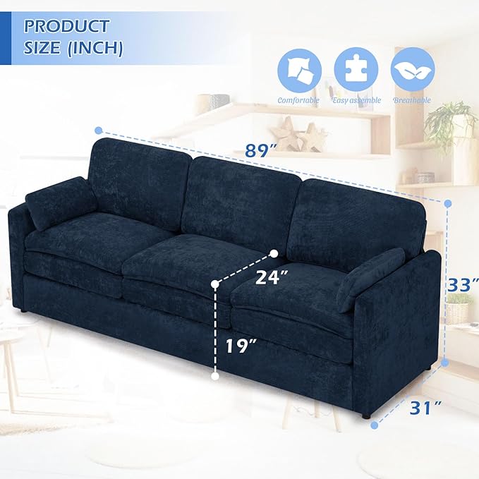 89” Chenille Sofa w/Arm Pillows, Upholstered 3-Seater Sofa w/Comfortable Back Cushions, Modern 3 Seats Couch w/High-Density Foam for Living Room, Apartment, Office, Blue