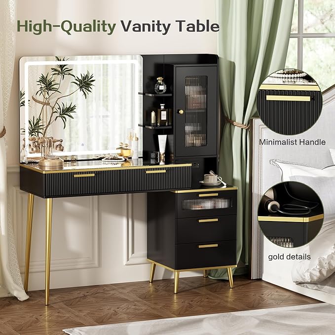 47.24" Big Modern Vanity Desk with Mirror and Lights,Makeup Vanity Desk with 5 Drawers and Storage Shelves & Power Outlet,Dressing Table with Glass Top, Black