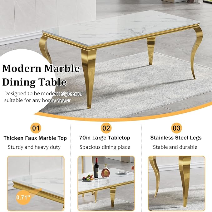 70" Marble Dining Table Set for 6, Modern 7 Piece Dining Room Table Set with White Faux Marble Dining Table & 6 Green Velvet Upholstered Chairs, Luxury Gold Kitchen Table Chairs Set of 6