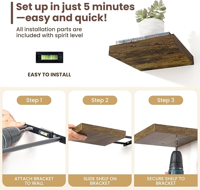 Fun Memories Floating Shelves for Wall - 7.5 Inch Square Shelves with Invisible Brackets, Brown Small Wall Shelf for Living Room, Bathroom, Bedroom, and Kitchen Decor，Set of 4