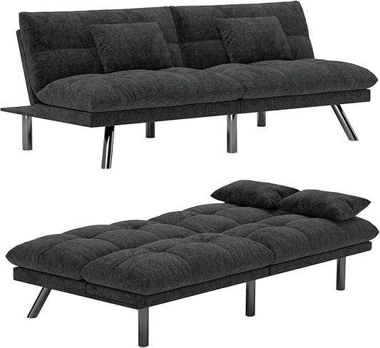 Futon Sofa Bed Convertible 70 inch Solid Wood Couch for Living Room, Chenille Fabric, 2 Cushions (Black)
