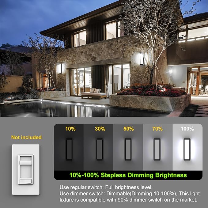 10%-100% Dimming LED Modern Outdoor Wall Light 2 Packs, 16in 6000K Dimmable Porch & Patio Wall Light Fixture,Black Aluminum&Dual PC Wall Lights for Garage Living Room Courtyard House(2Packs 6000K)