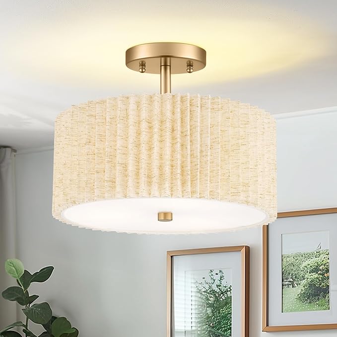 Gold Semi Flush Mount Ceiling Lights, 3-Light 12.5" Light Fixtures Ceiling Mount with Pleated Linen Fabric Shade, Drum Lighting Fixture for Hallway Nursery Bedroom Kitchen, AD-25036-3SF-GD-B