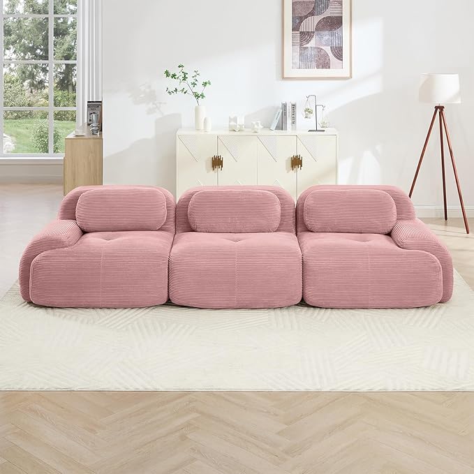 116" Modern Compressed Boneless Couch, 3 Seater Sectional Couches for Living Room, Pink Corduroy Cloud Modular Sectional Sofa, Comfy Memory Foam, Extra Deep, Sofas para Sala, No Assembly