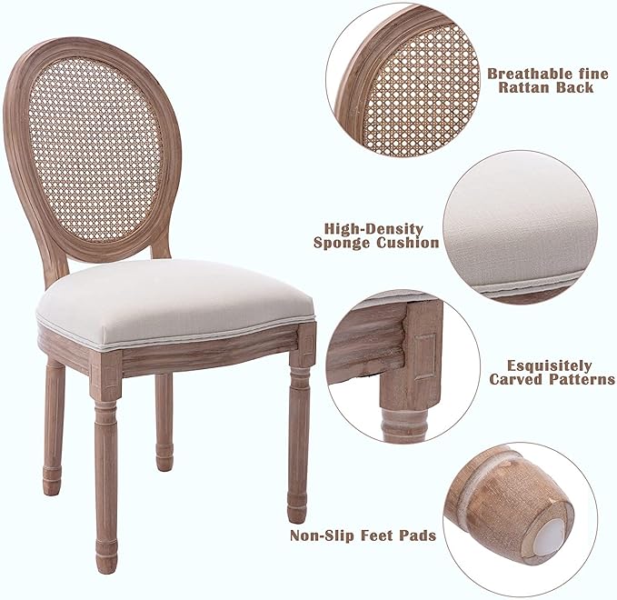 Nrizc French Country Dining Chair Set of 2, Vintage Chic, Upholstered and Carved Wooden Frames, Beige Linen Fabric, Lightweight and Sturdy, Ideal for Dining Room, Kitchen, Living Room, Bedroom