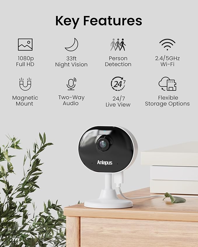 Anlapus C688 2MP Plug-in WiFi Indoor Camera for Home Security, Pet Camera with Phone App, Smart Motion/Person Detection, 2 Way Audio, Baby Monitor, Memory Card/Cloud Storage, Easy & Quick Install