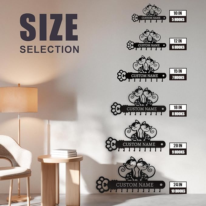 Cat Key Holder with Custom Name & Hooks - Personalized Metal Key Rack Wall Mount Art Decor for Bedroom Doorway Office