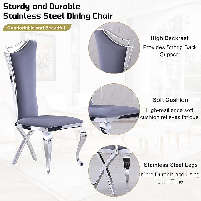 7-Piece Dining Table Set for 6, Modern Dining Room Set with 70'' Marble Dinner Table and 6 High-Back Upholstered Chairs, Stainless Steel Legs Table & Chair Set for Kitchen, Gray & Silver