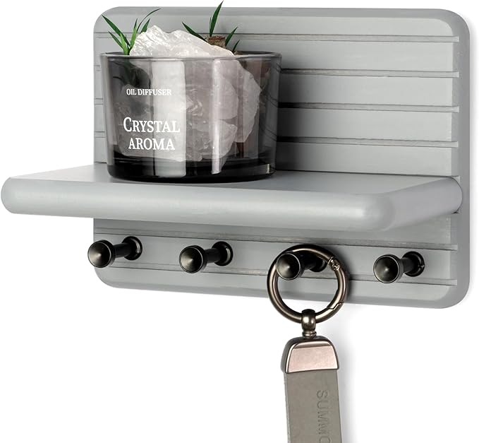 Rebee Vision Small Key Holder Wall Mount – Decorative 7-inch Pine Wooden Key Holder for Wall with 4 Hooks & Floating Shelf - Apartment Essentials for Neat and Chic Home Organization (Gray)